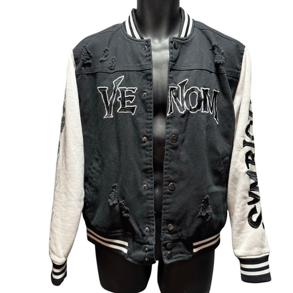 Our Universe Marvel Venom Distressed Denim Varsity Jacket Men’s XS